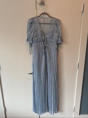 Self-Portrait Powder Blue Floral and Metallic Gold Pleated Maxi Dress